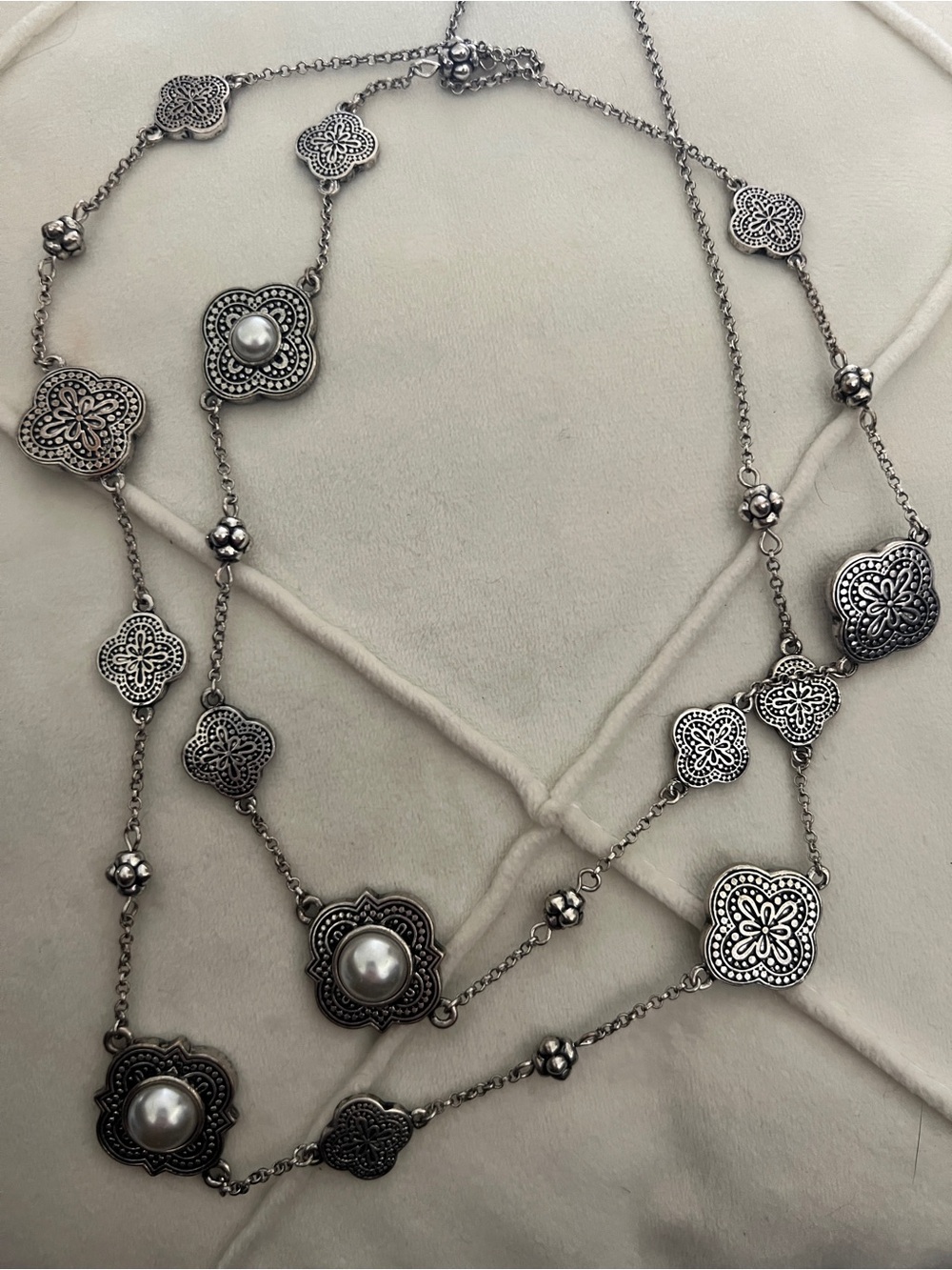 Silver-Tone Floral Station Necklace with Pearl Accents